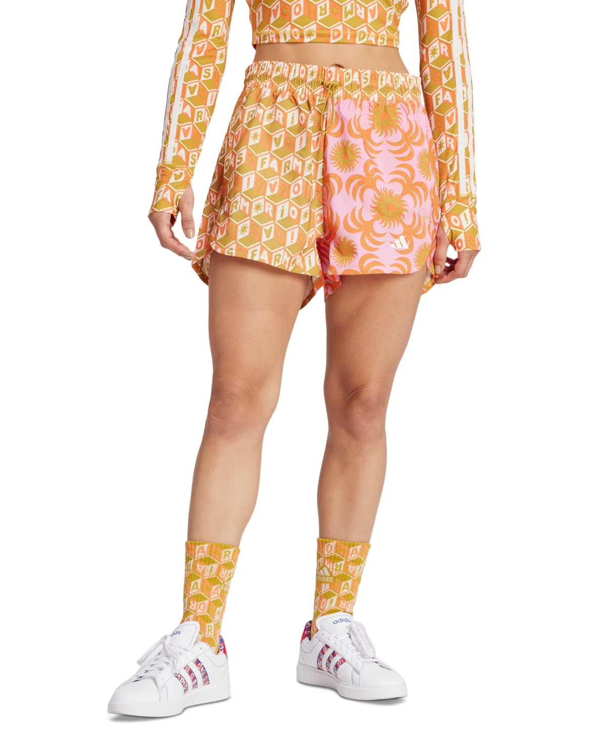 Shop Adidas Originals Women's Farm Rio Training Printed Shorts In Semi Pink Glow,semi Solar Orange