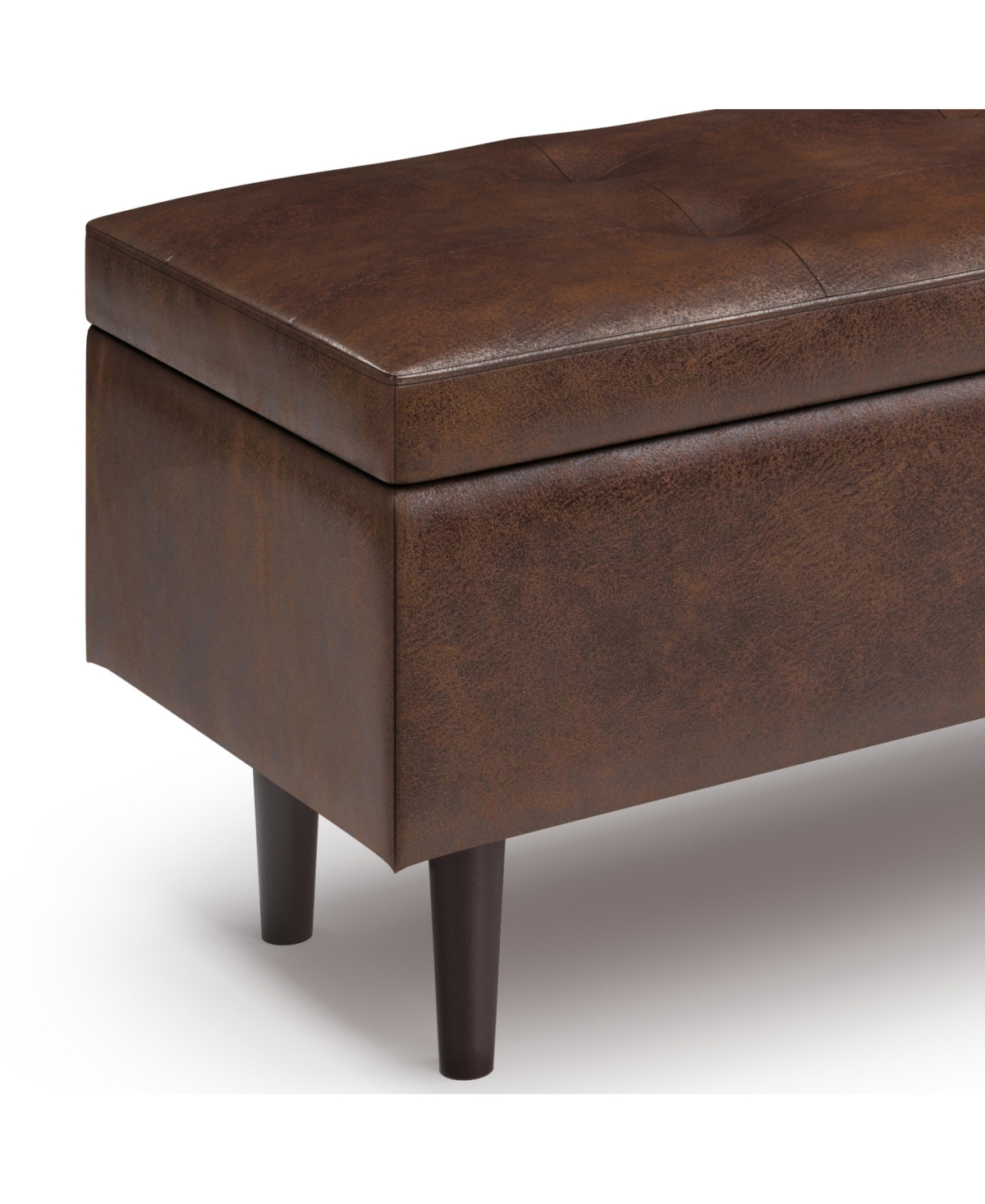 Simpli Home Shay Mid Century Rectangular Storage Ottoman In Distressed Chestnut Brown Pu Leather In Distressed Chestnut Brown