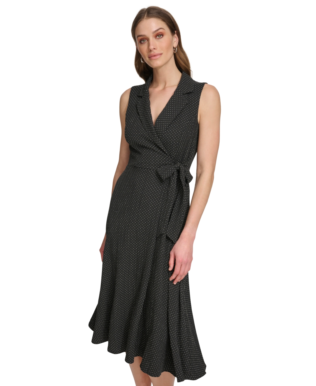 Shop Dkny Women's Printed Tie-waist Sleeveless A-line Dress In Black,cream
