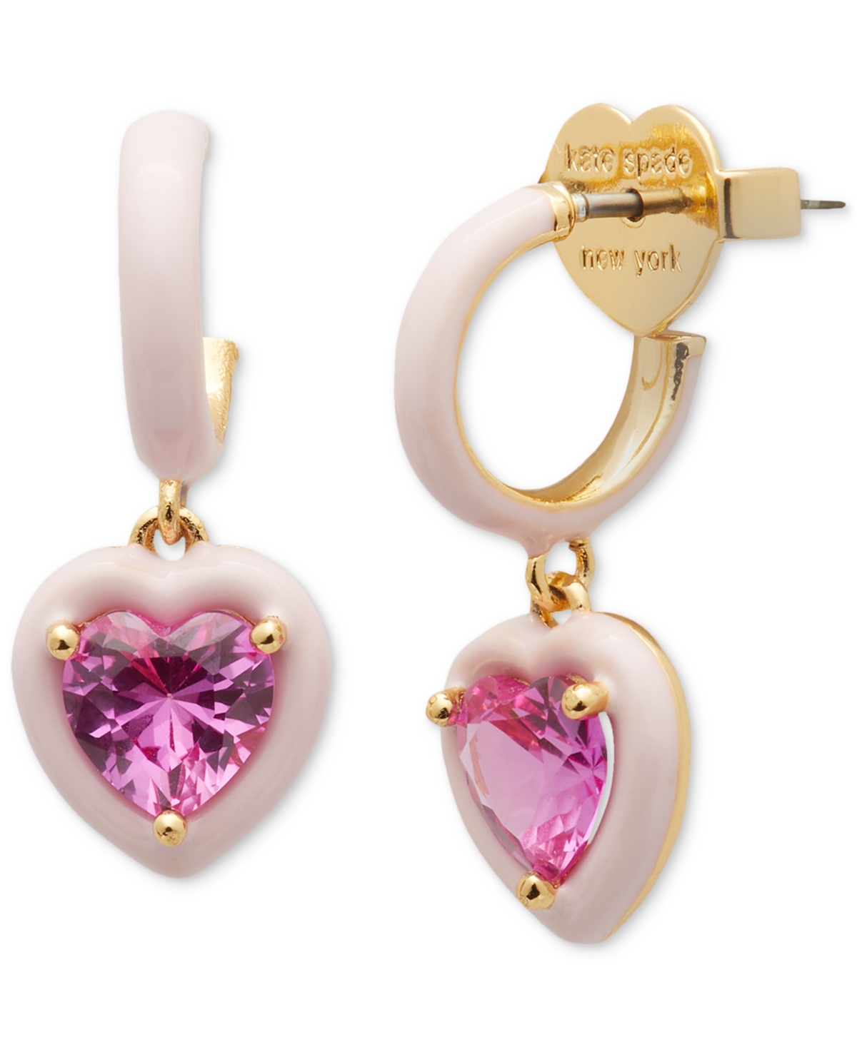 Kate Spade Gold-tone Color-coated Stone Heart Charm Hoop Earrings In Pink.