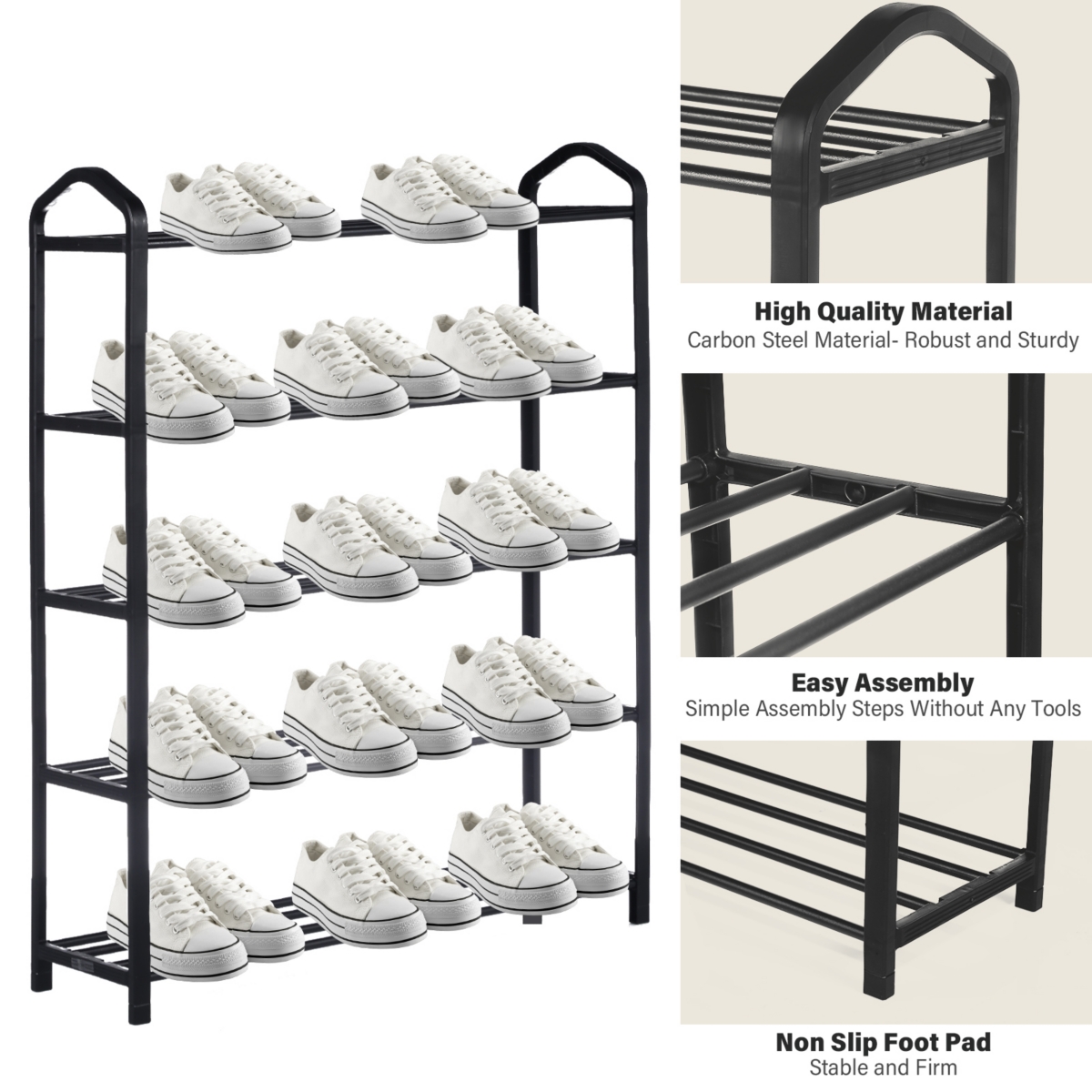 Streamdale Furniture 5-Tier Stackable Shoe Rack, 15-Pairs Sturdy Shoe Shelf Storage, Shoe Tower For Bed