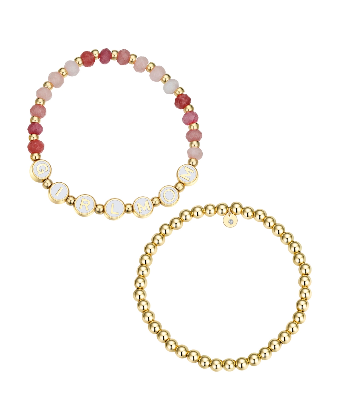 Multi Pink Quartz Girl Mom Stone and Beaded Stretch Bracelet Set - Gold