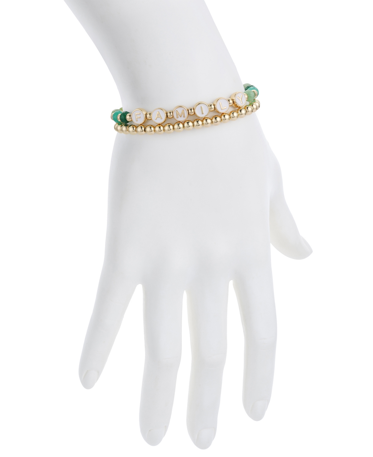 Unwritten Multi Green Quartz Family Stone And Beaded Stretch Bracelet Set In Gold