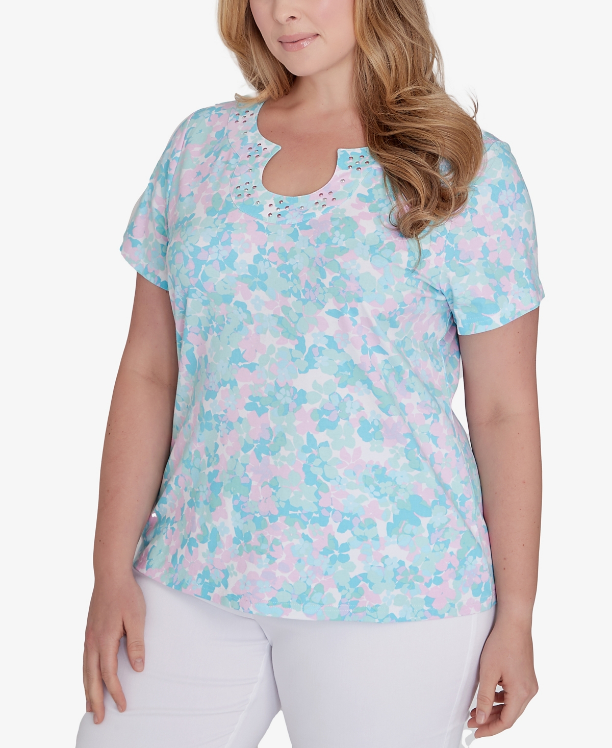 Shop Hearts Of Palm Plus Size Spring Into Action Short Sleeve Top In Mint Multi
