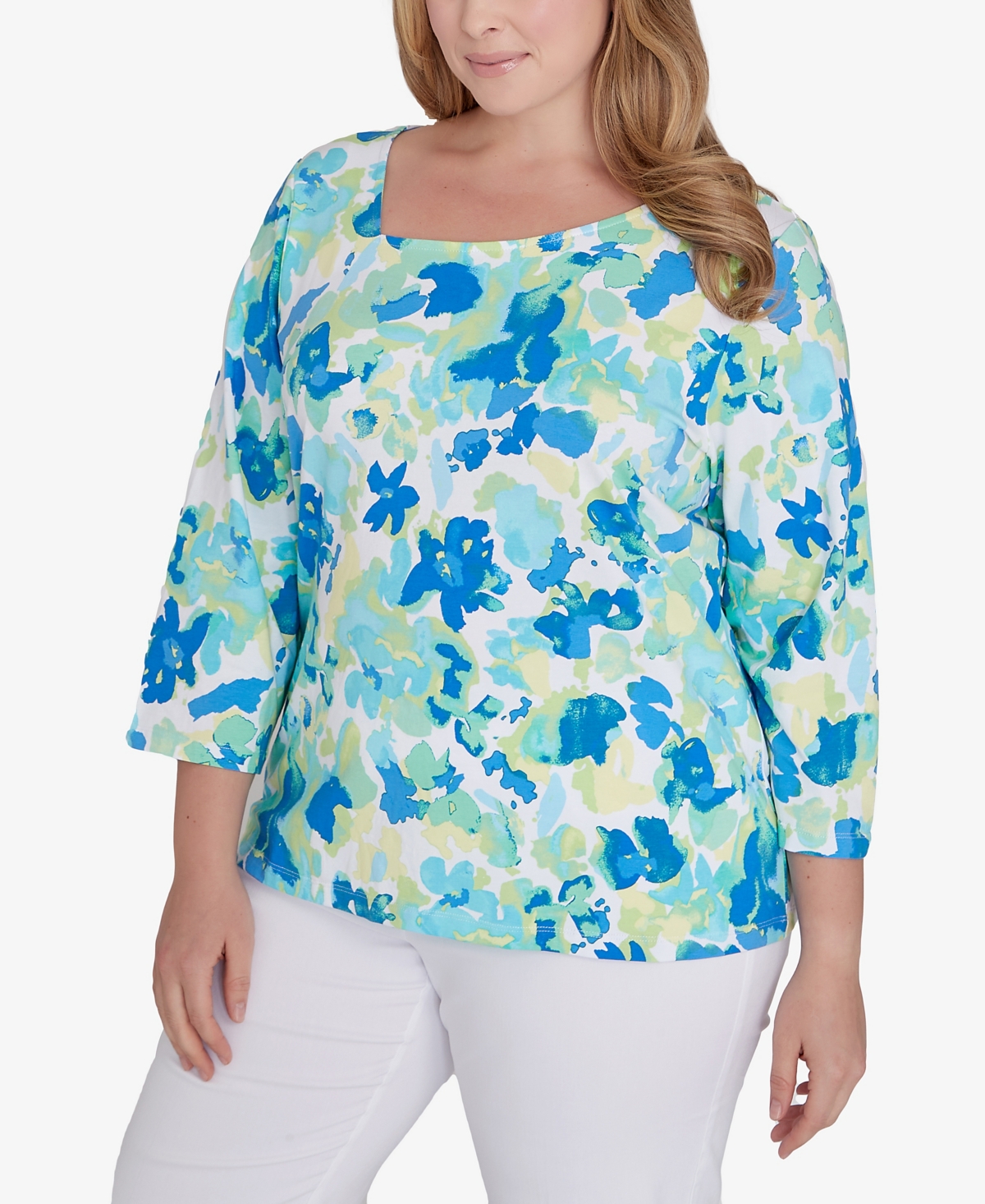 Shop Hearts Of Palm Plus Size Feeling The Lime 3/4 Sleeve Top In Bright Blue Multi