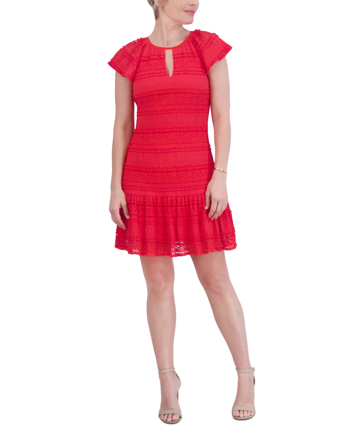 Petite Round-Neck Short-Sleeve Lace Dress - Red