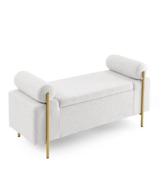White linen upholstered bench with iron legs