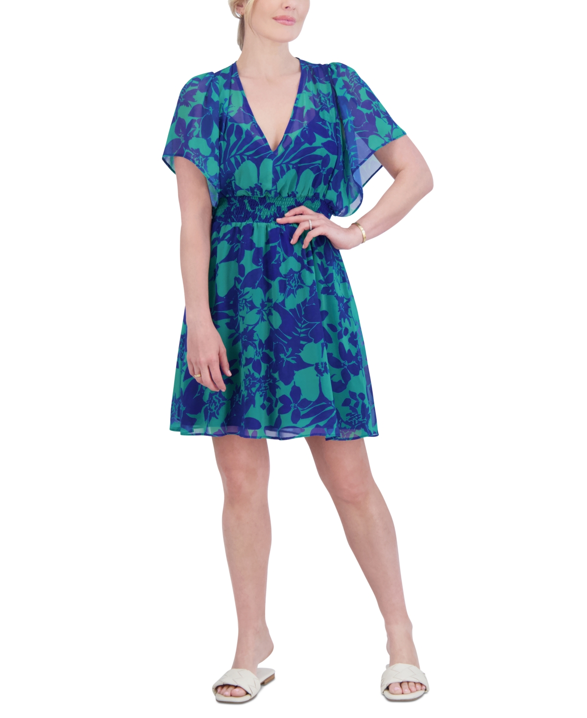 Petite Printed V-Neck Short-Sleeve Dress - Blue/Green