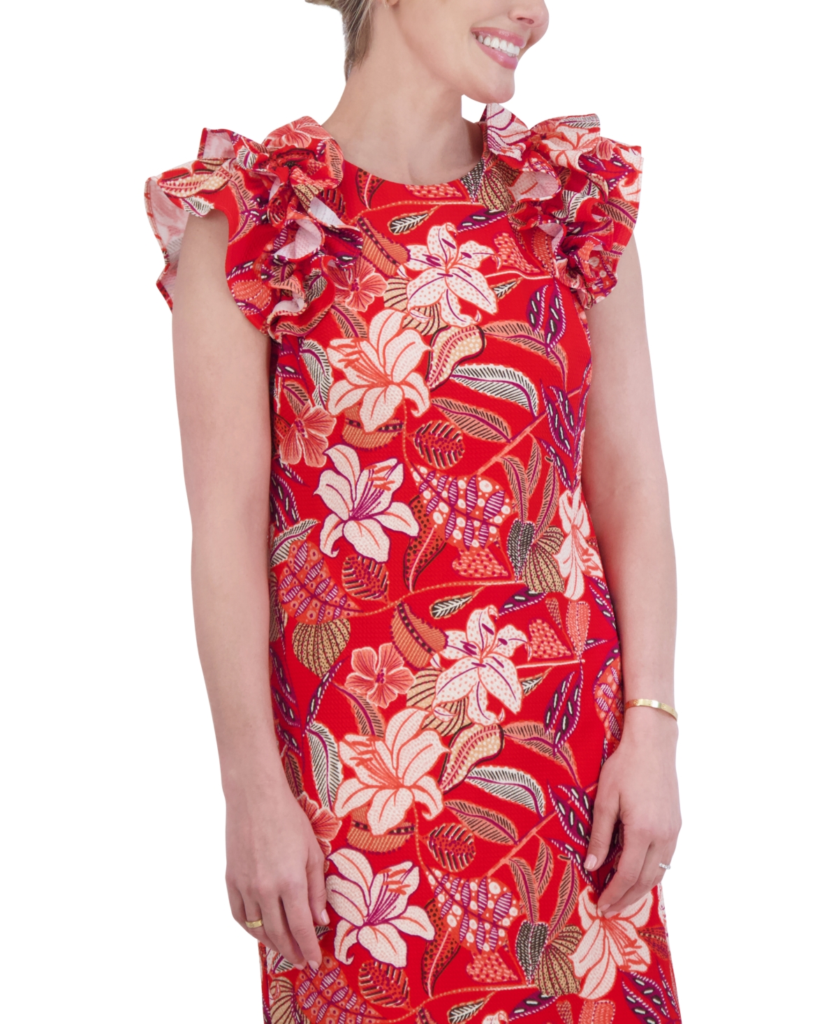 Shop Jessica Howard Petite Printed Jewel-neck Ruffle-sleeve Dress In Poppy Multi
