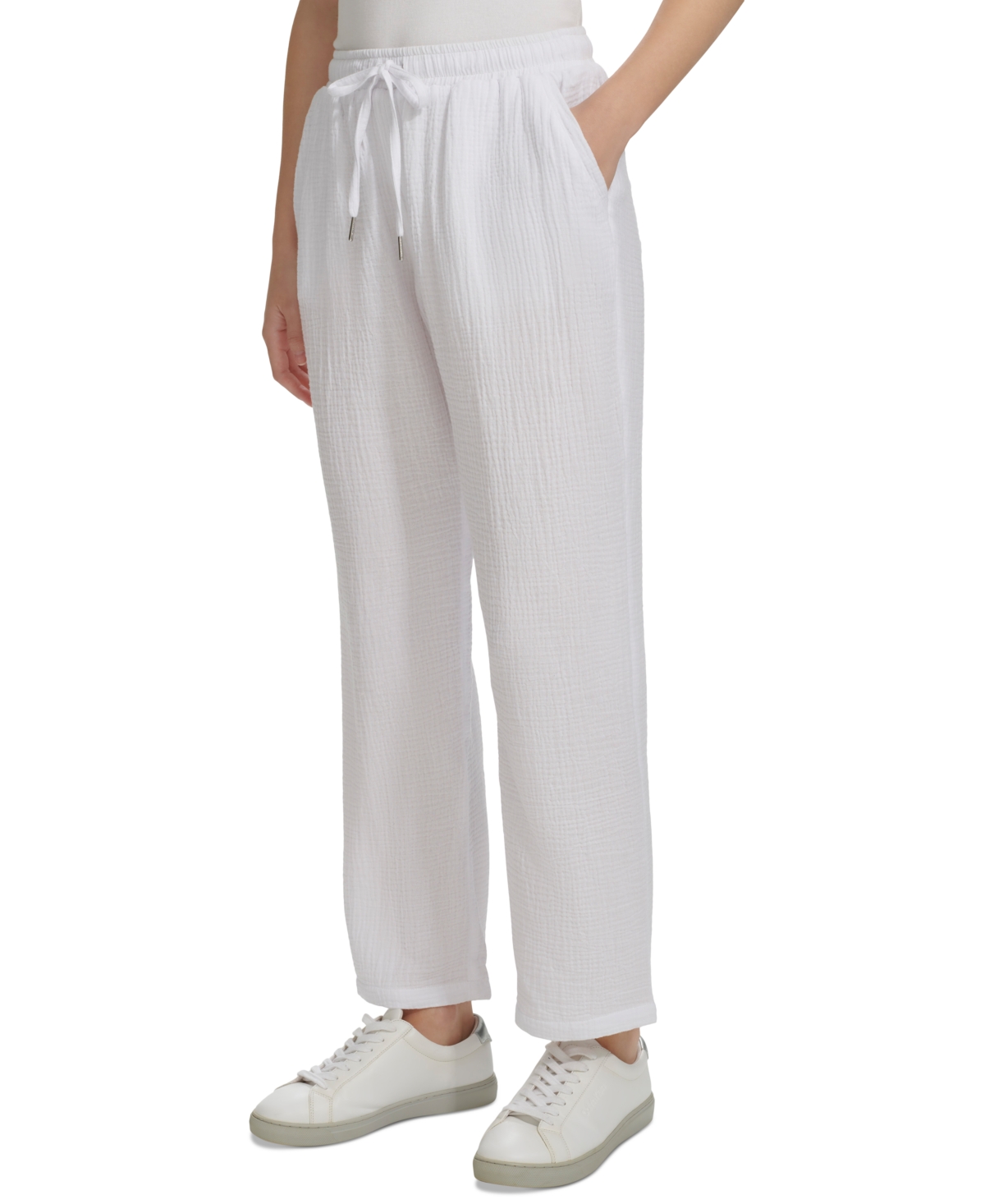 Shop Calvin Klein Jeans Est.1978 Petite Crepe Gauze Straight-leg Pants In White
