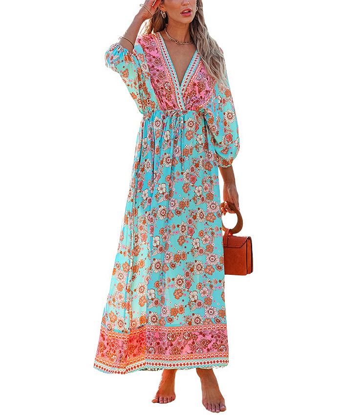 CUPSHE Women's Teal & Pink Plunging Bubble Sleeve Maxi Beach Dress - Macy's