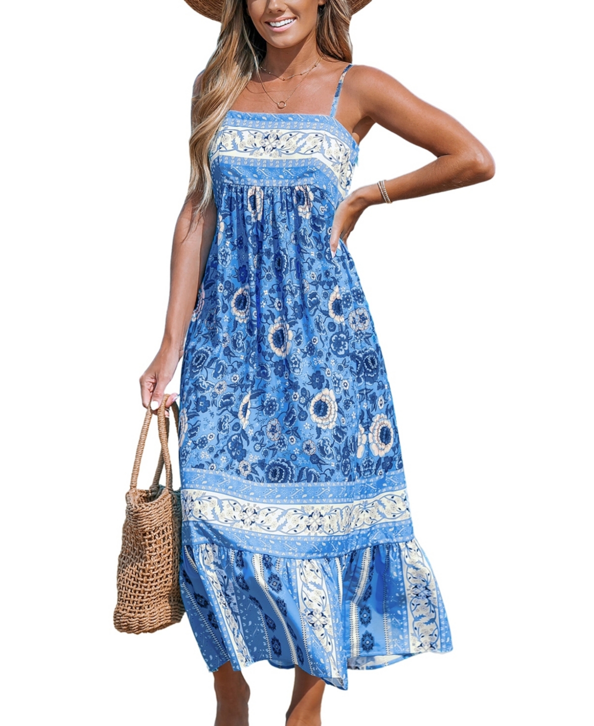 Women's Boho Floral Ruffle Slip Beach Dress - Light/pastel blue