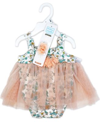 Baby Girls 2 Piece Peach Floral Romper with Tulle Over Skirt and Matching Headband