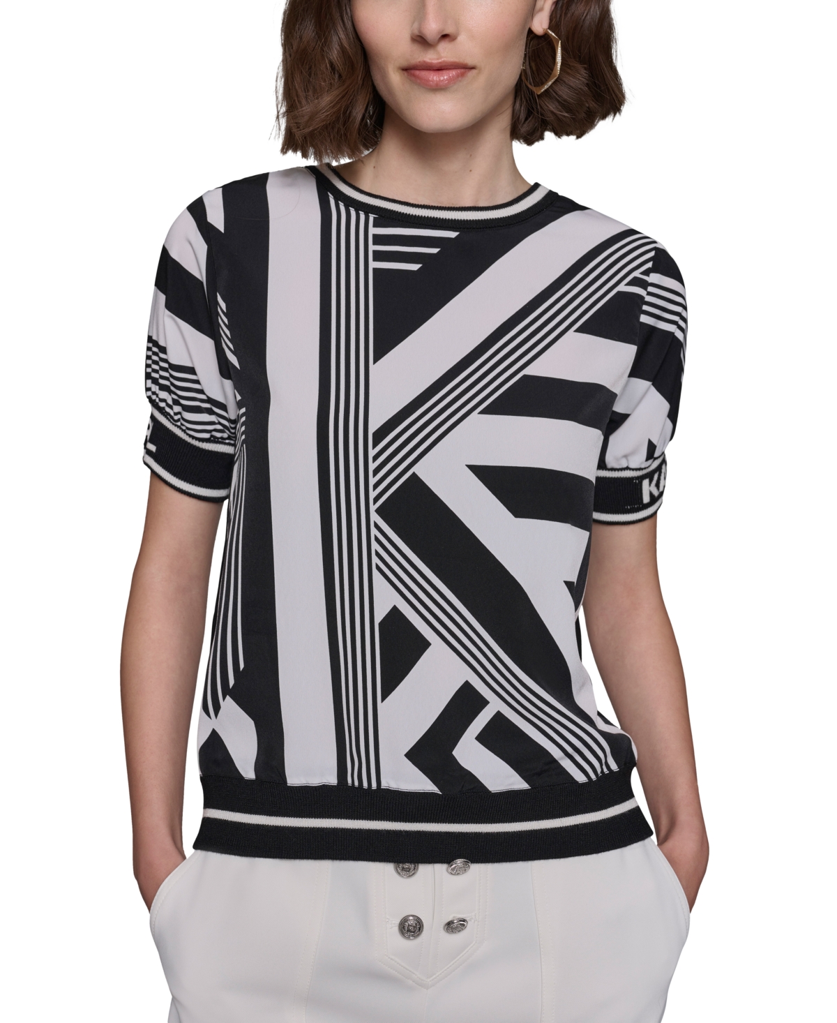 Shop Karl Lagerfeld Women's Geometric-print Mixed-media Sweater In Soft White  Black