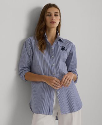 Women's store blue striped long-sleeved shirt