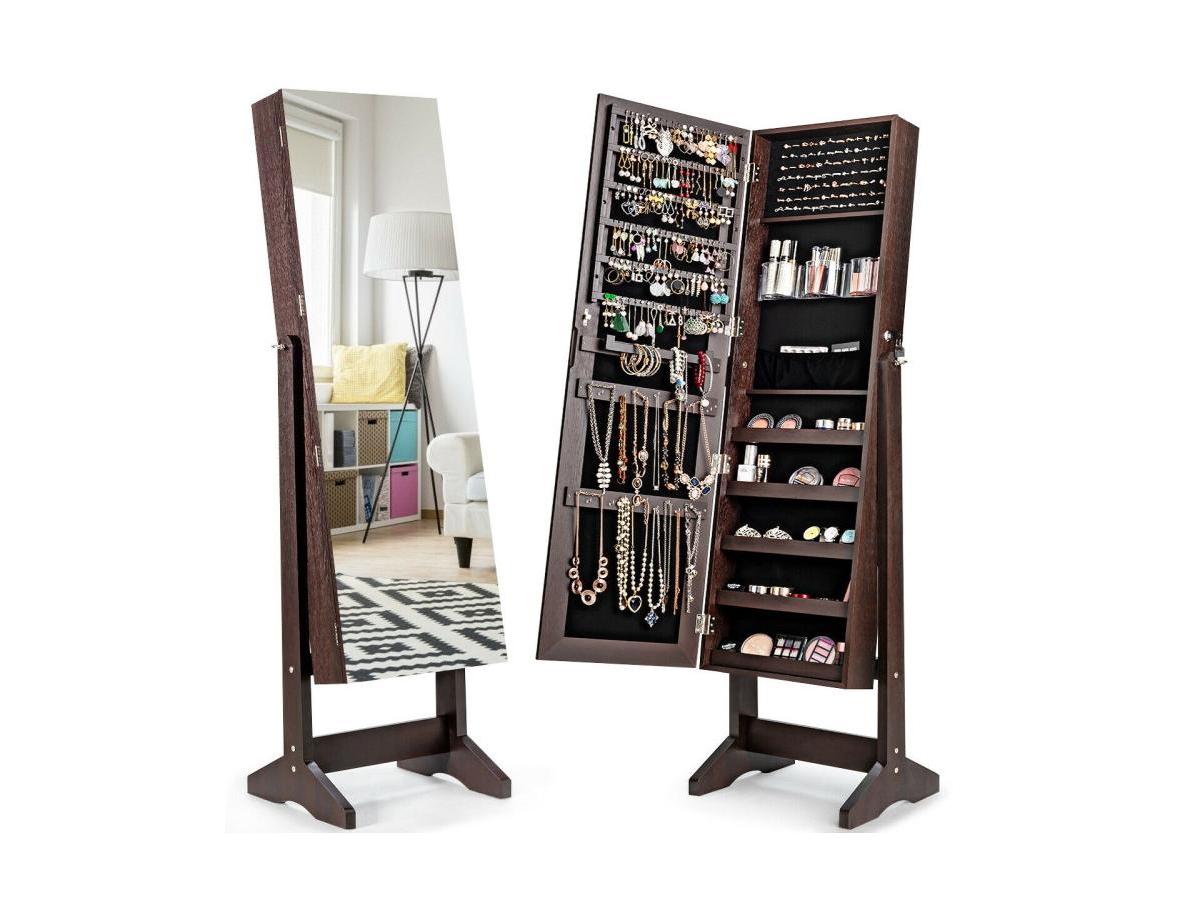 Standing Jewelry Armoire Cabinet with Full Length Mirror - Brown