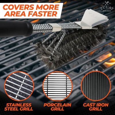 18" Heat Boss Grill Brush and Scraper - 3 Rows of Reinforced Stainless Steel Bristles for All Grill Types