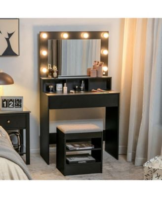 Vanity Table Set with Lighted Mirror and Cushion Stool-Black