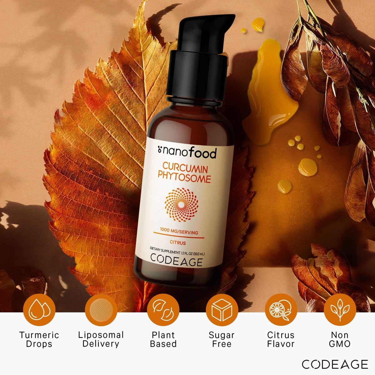 Codeage Liposomal Curcumin Phytosome Liquid Supplement, Turmeric Curcumin Liquid Drops, Plant-Based Curcuma Longa Dropper, Curcumina, Sunflower Phosph