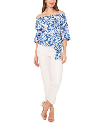 Vince Camuto Women's Sunset Ditsy Off The Shoulder Bubble Sleeve Blouse Brown Size X-Large