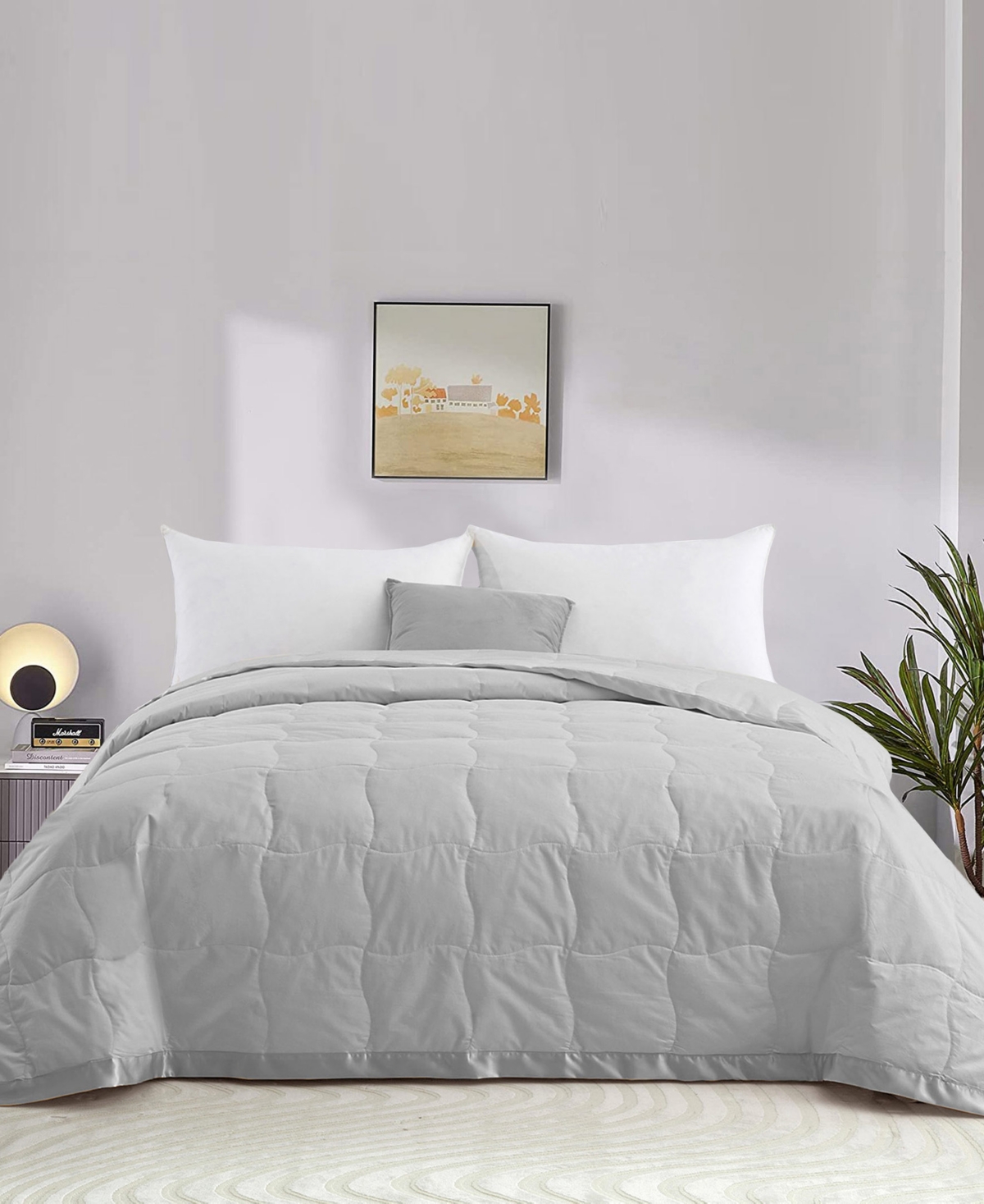 Unikome Oversized Lightweight Satin Trim Feather And Down Blanket, Full/queen In Gray