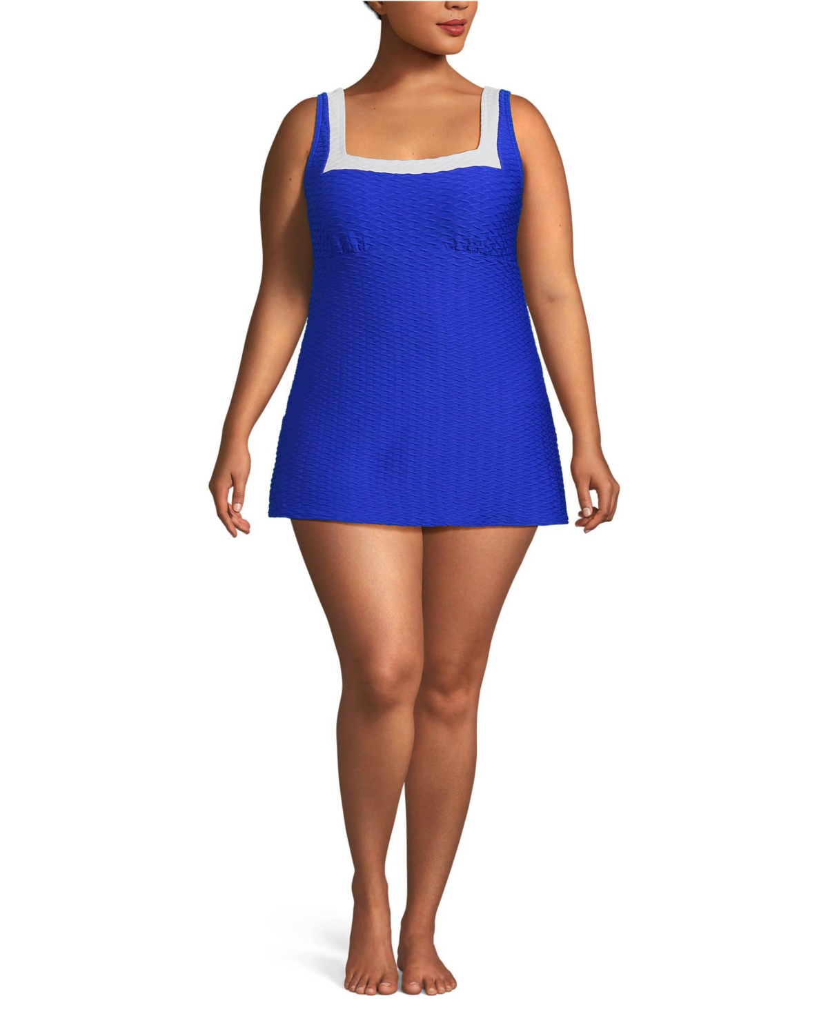Lands' End Plus Size Texture Square Neck Mini Swim Dress -white