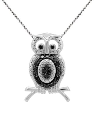 Macy's - Black Diamond Owl 18" Pendant Necklace (1/6 ct. t.w.) in Sterling Silver