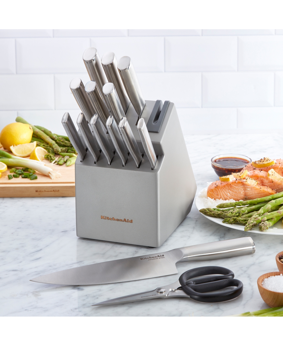 Kitchenaid Gourmet 15-pc, Japanese Steel Knife & Sharpener Block Set In Gray