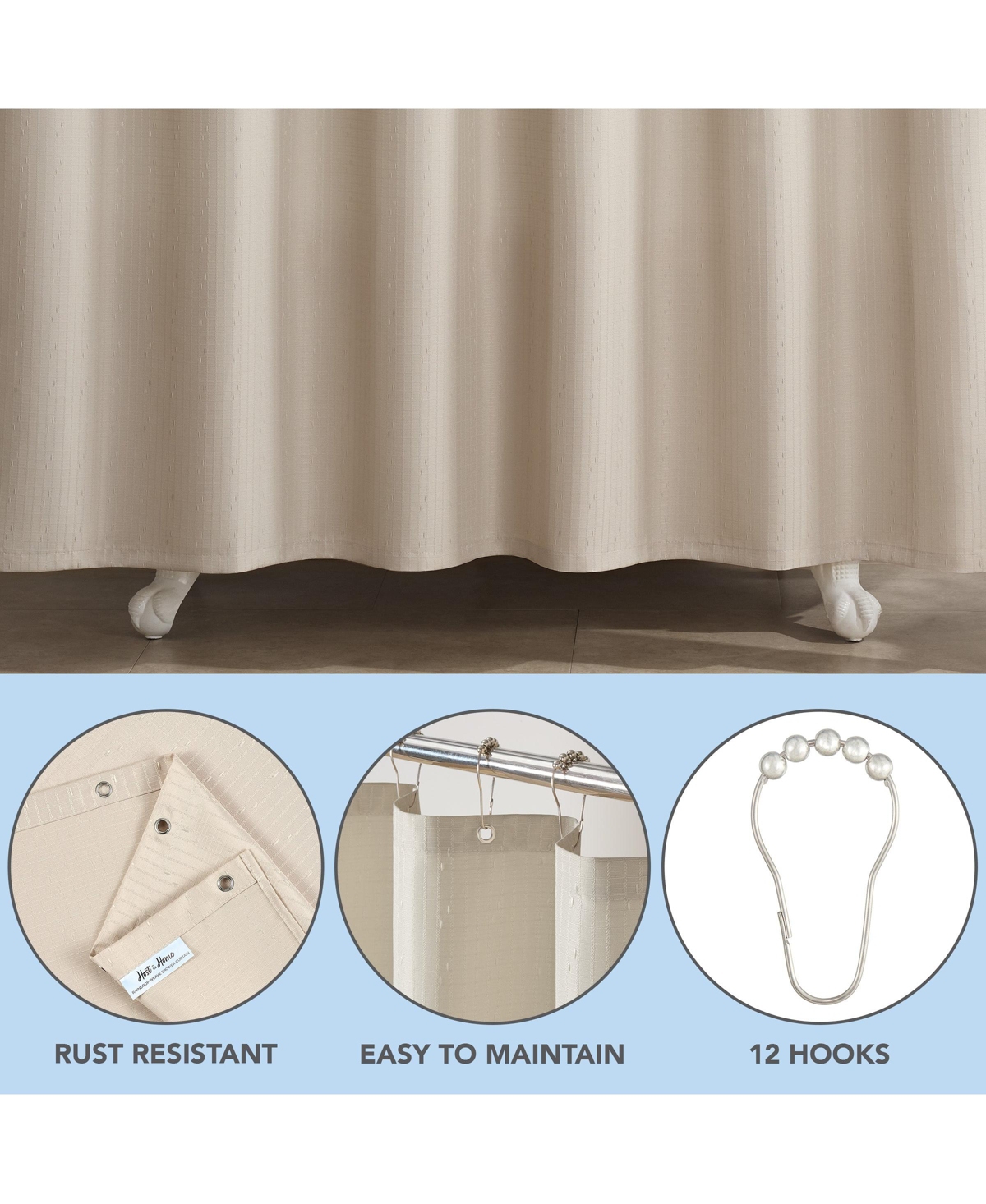 Arkwright Home Host & Raindrop Stripe Textured Shower Curtain Set with 12 Metal Rolling Rings, Weighted Hem, Rust-Proof Grommets, Fine 100% Polye