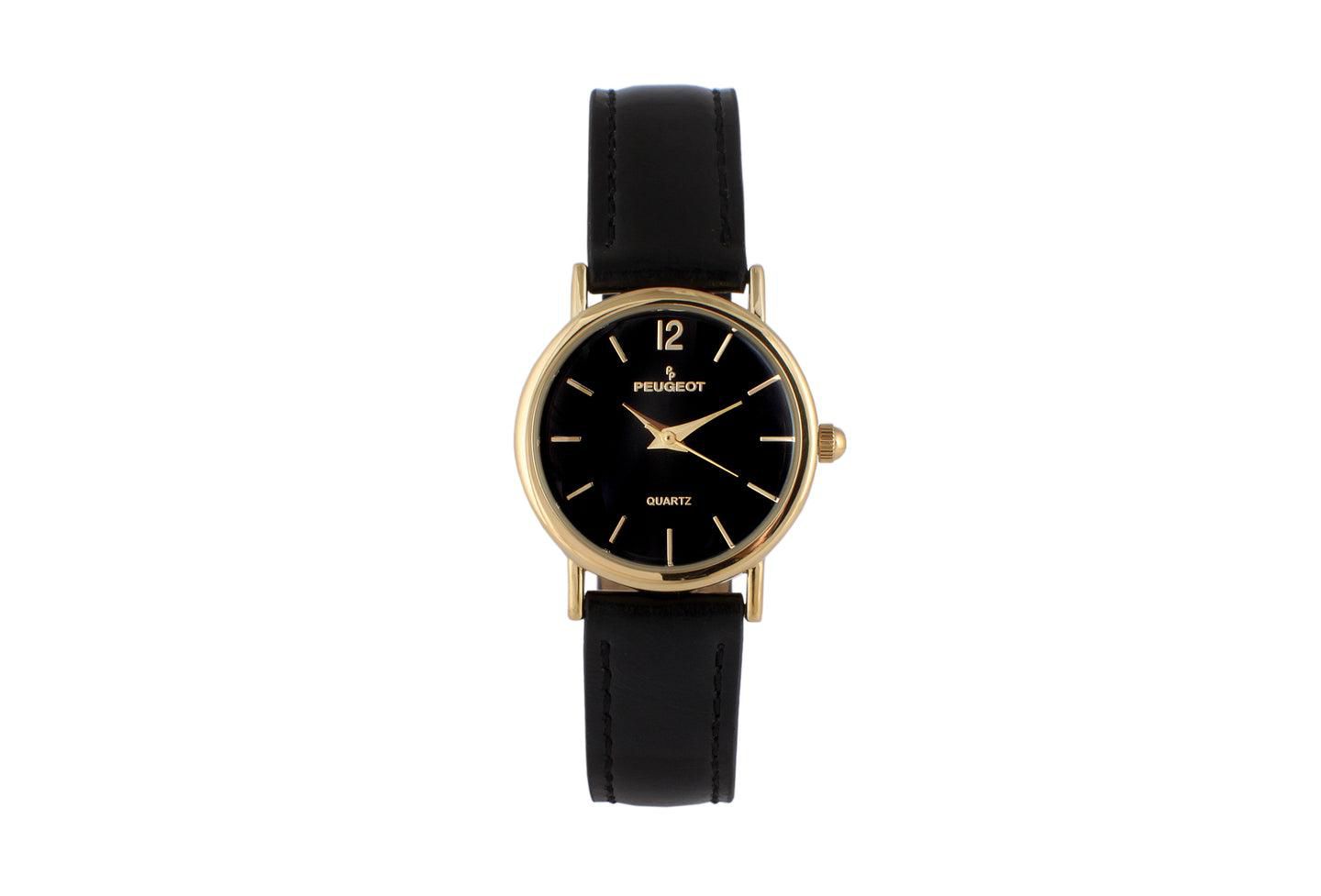 Женские часы Peugeot Classic Easy Read Black Watch with Black Leather Strap, цвет: Чёрный — фото 1