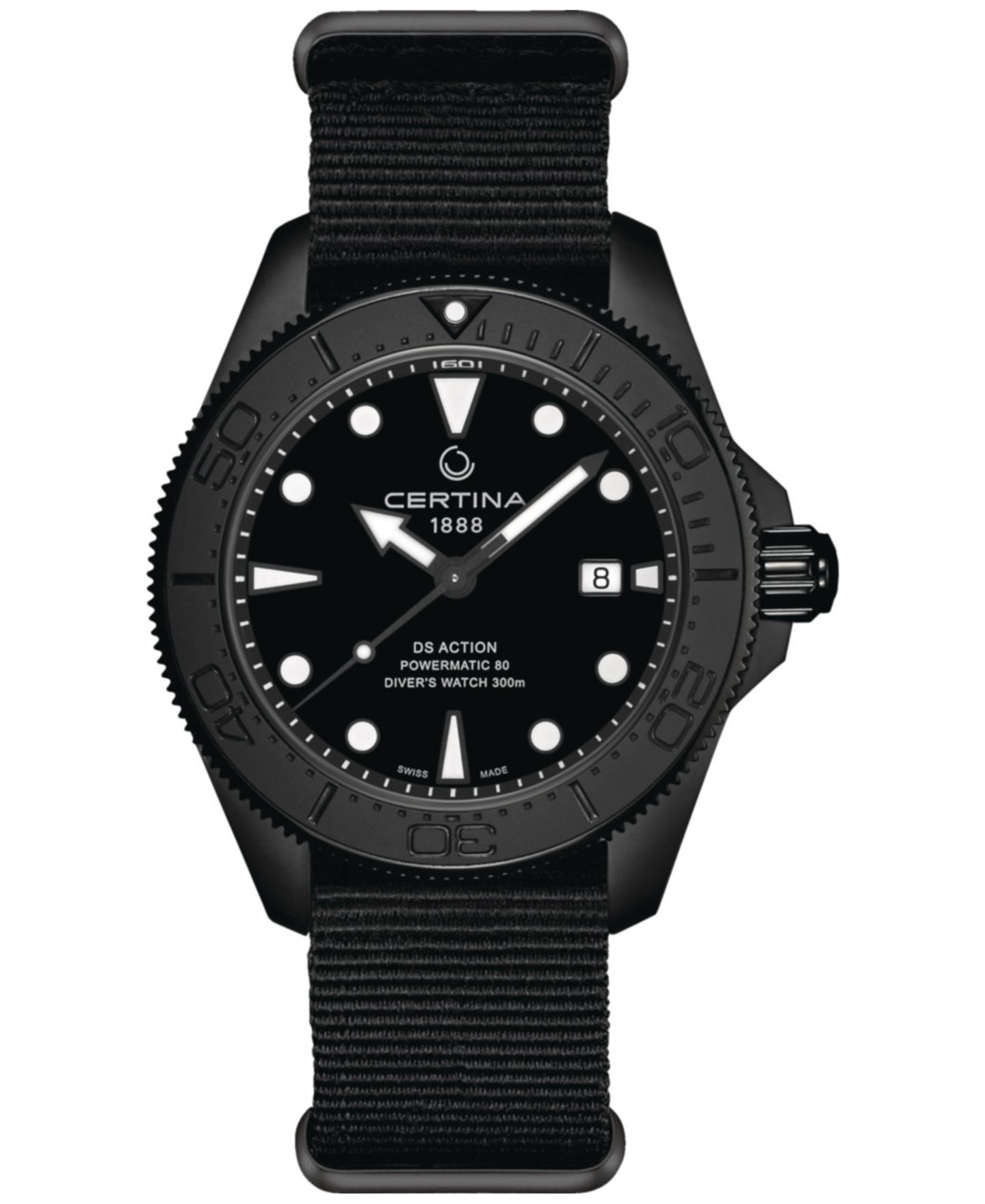 Мужские часы Certina Swiss Automatic DS Action с чёрным нейлоновым ремешком, 43 мм — фото 1