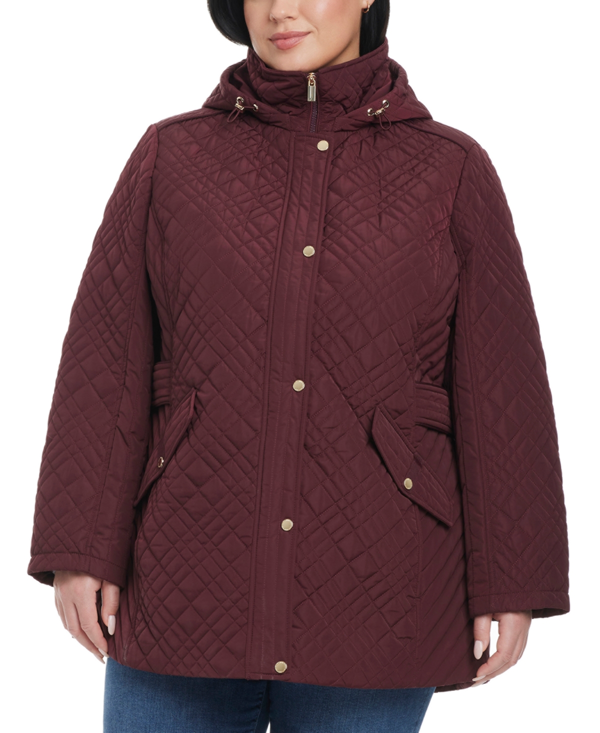 Jones New York Plus Size Hooded Stand-collar Quilted Coat In Ruby Port