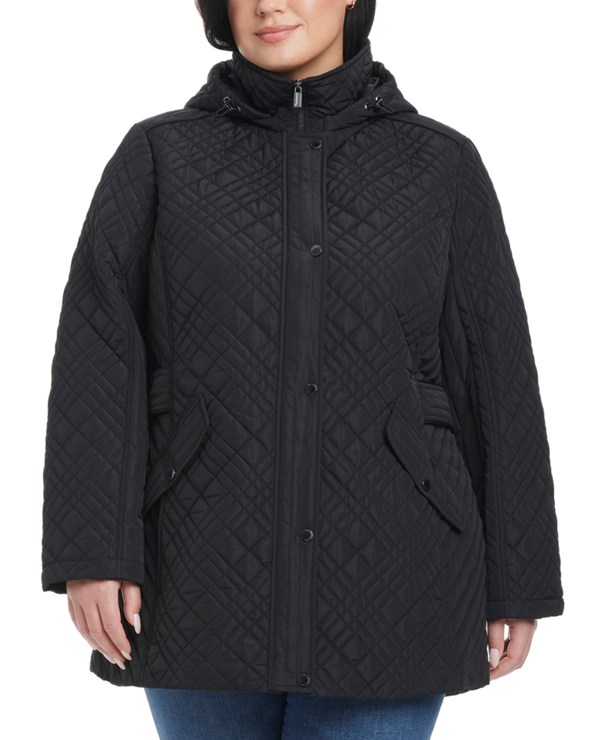Jones New York Plus Size Hooded Stand-collar Quilted Coat In Black