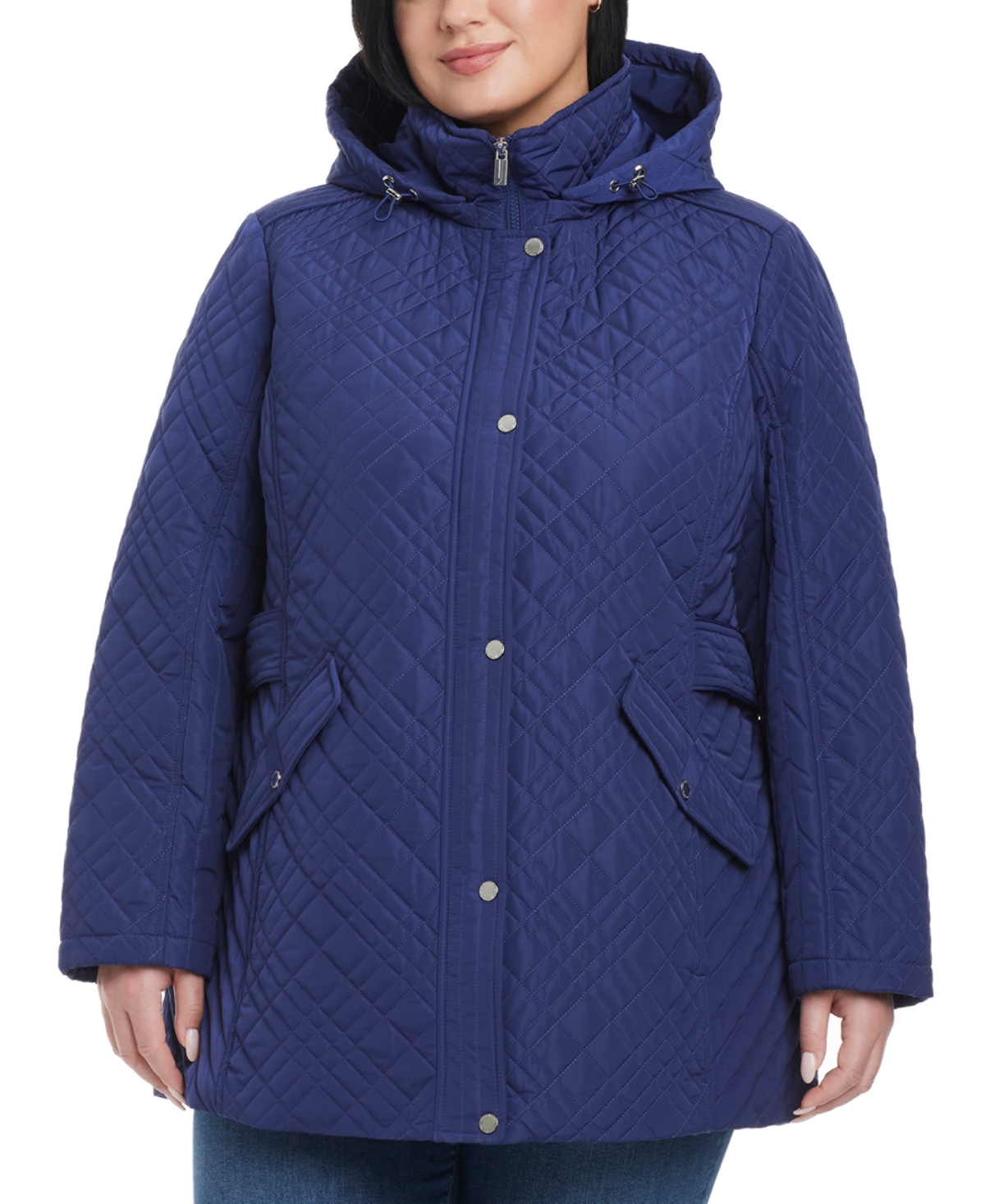 Jones New York Plus Size Hooded Stand-collar Quilted Coat In Dusk Navy