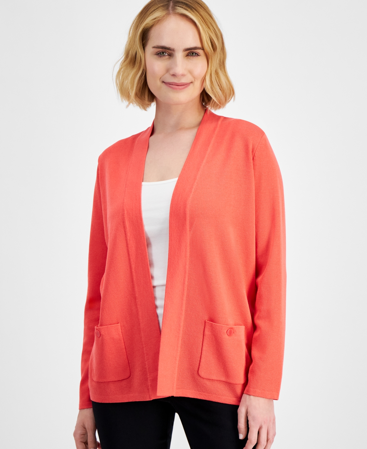 Shop Anne Klein Petite Malibu Open-front Relaxed-fit Cardigan In Red Pear