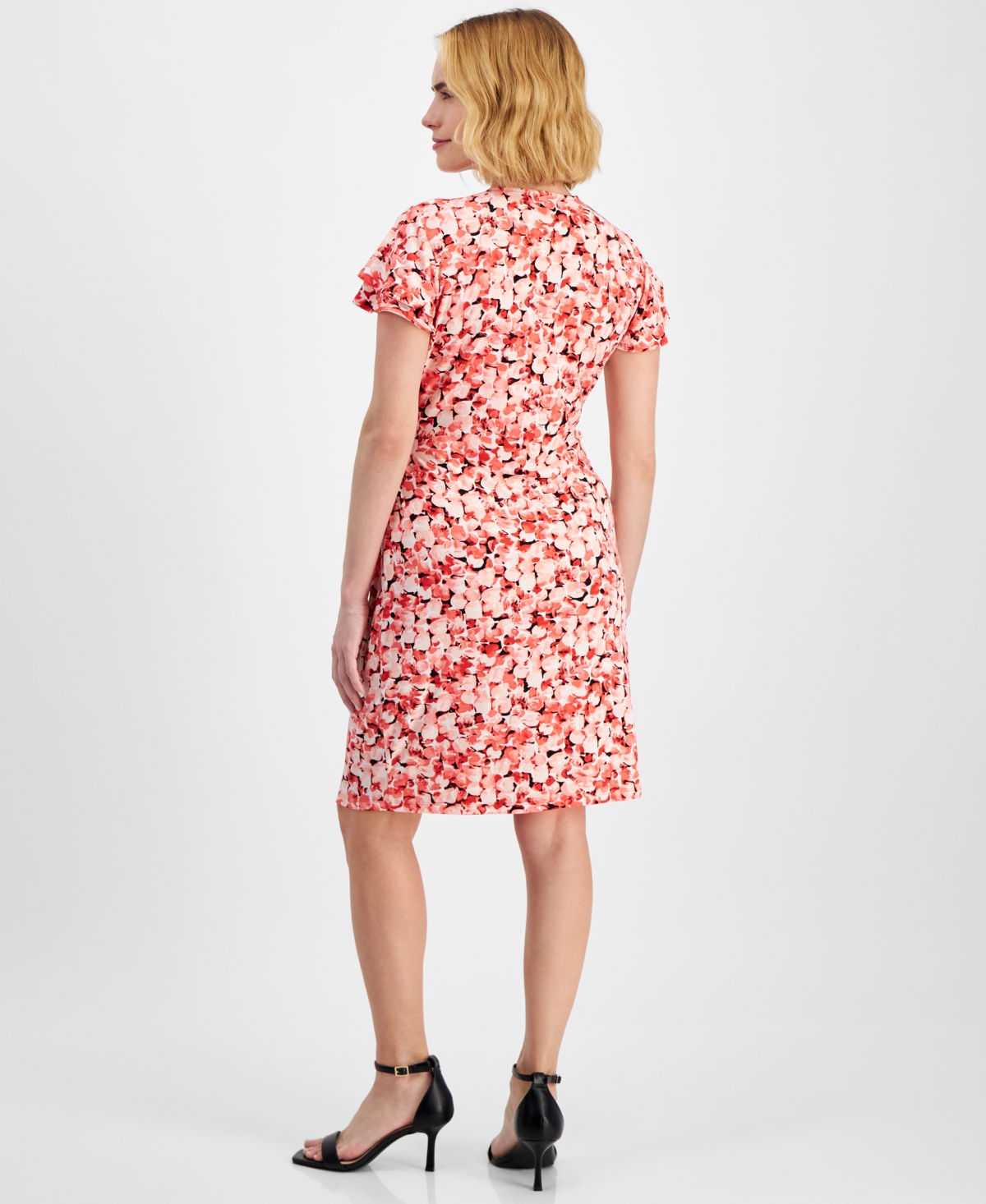 Shop Anne Klein Petite Printed Flutter-sleeve Faux-wrap Dress In Red Pear Multi
