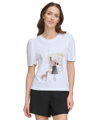 DKNY - Women's Graphic-Print Puff-Sleeve T-Shirt
