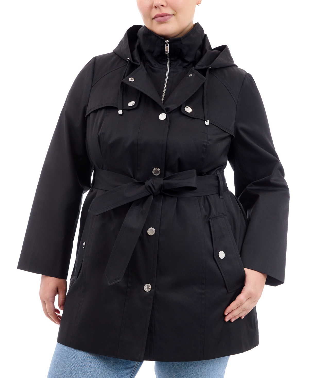 Plus Size Hooded Belted Zip-Front Raincoat - Black