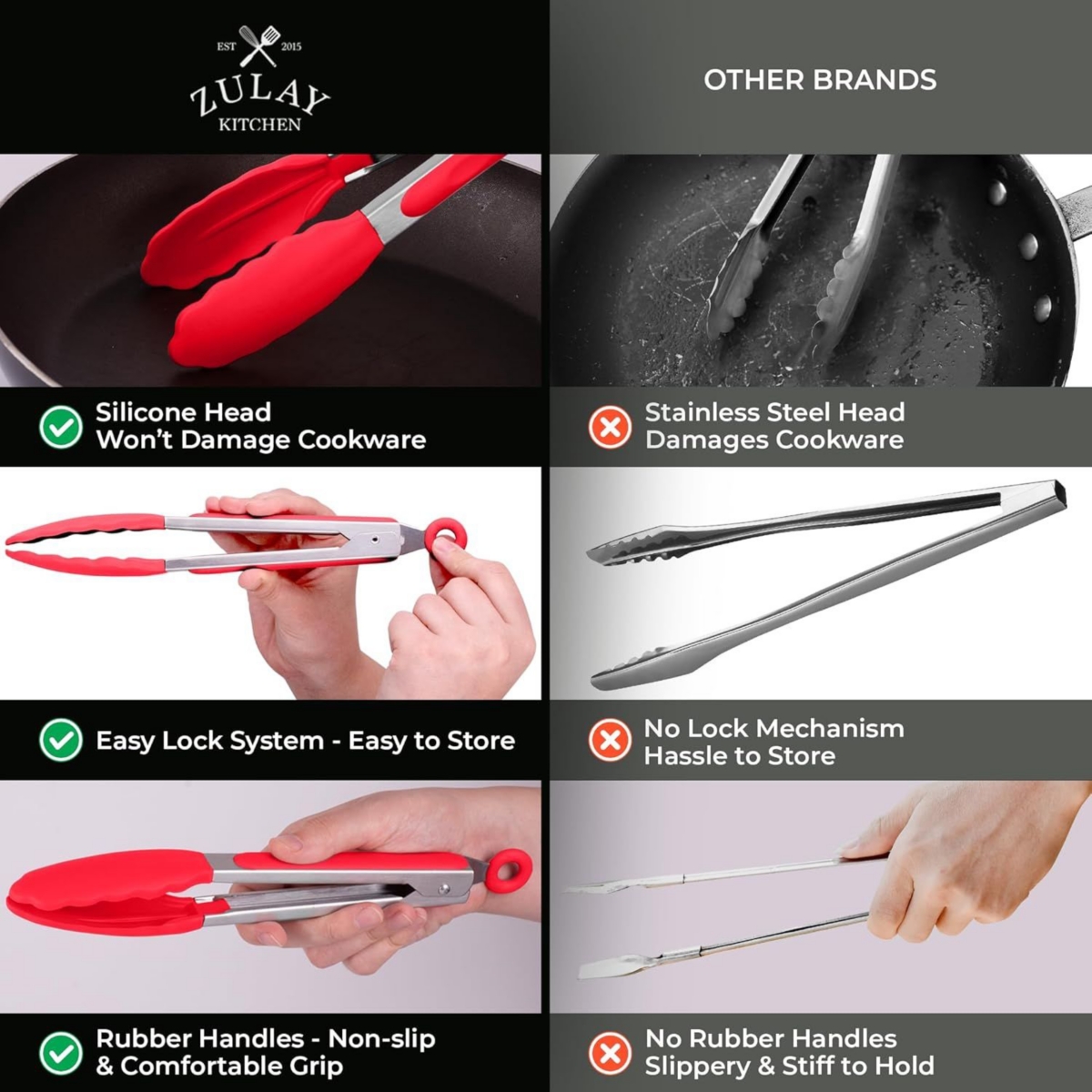 Zulay Kitchen Stainless Steel Kitchen Tongs with Silicone Tips - Set of