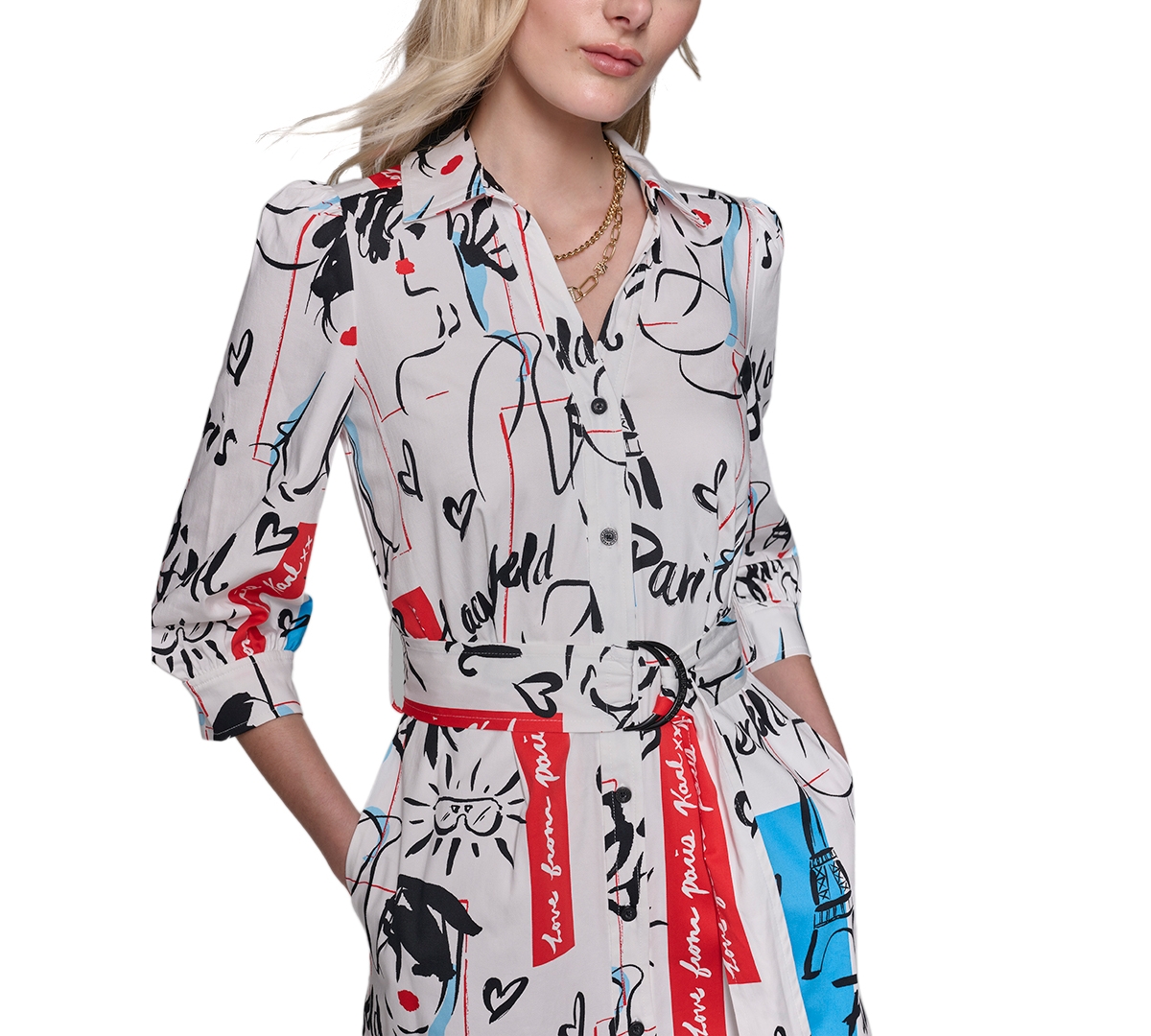 Shop Karl Lagerfeld Women's Button-front Tie-waist Dress In Sft Wht Mu
