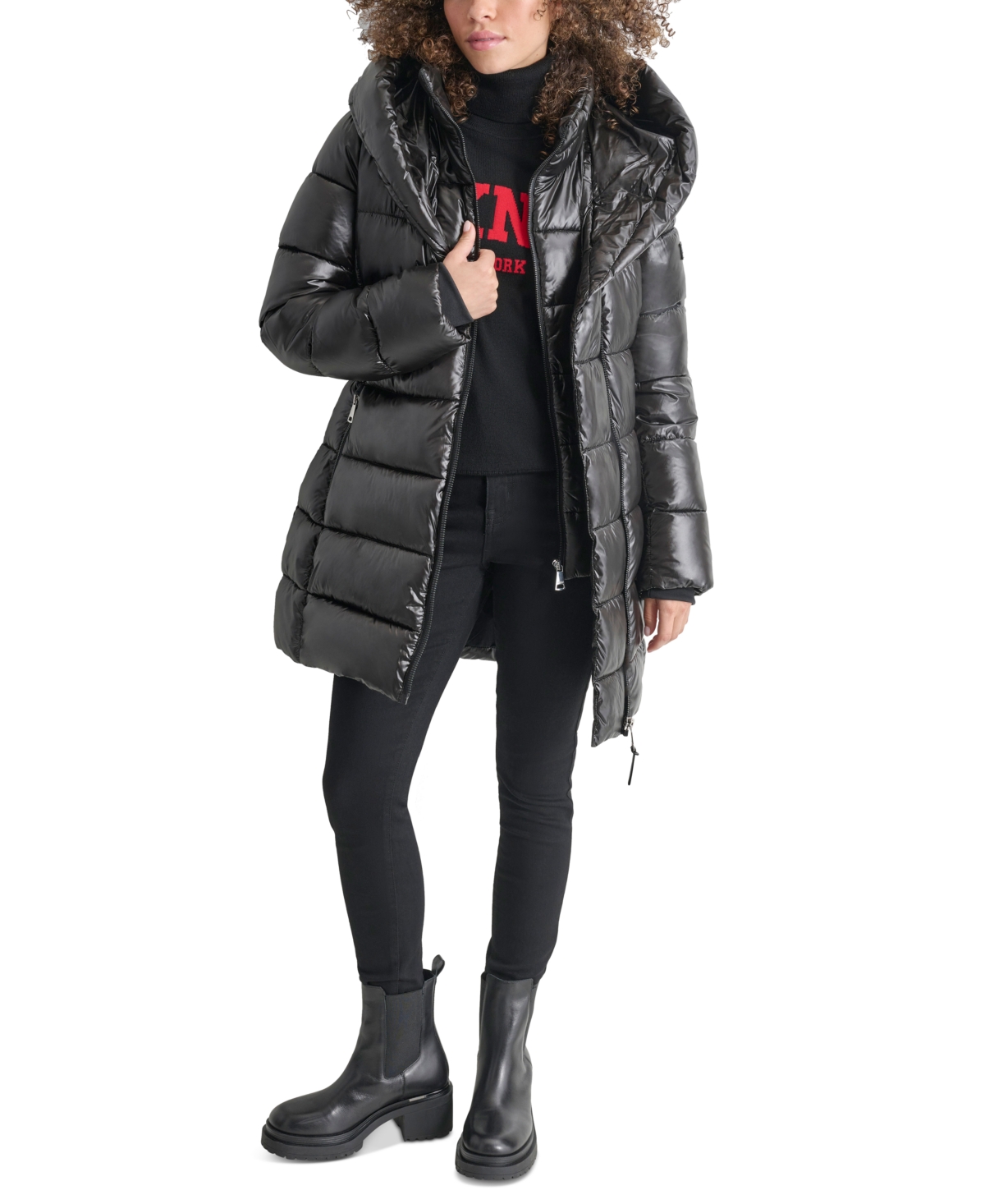 Dkny Women's Bibbed Shawl-collar Packable Shine Puffer Coat In Black