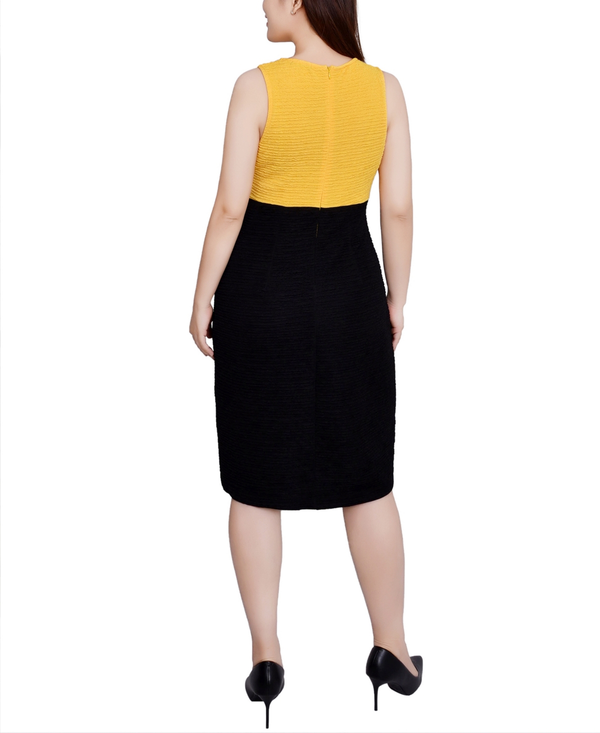 Shop Ny Collection Petite Lace-detail 2 Piece Textured Knit Dress Set In Lemon Black