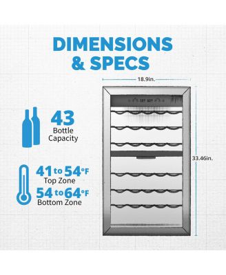 Freestanding 43 Bottle Dual Zone Compressor Wine Fridge in Stainless Steel, Adjustable Racks and Exterior Digital Thermostat