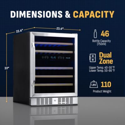 24 Inch Built-in 46 Bottle Dual Zone Compressor Wine Fridge in Stainless Steel, Quiet Operation with Beechwood Shelves