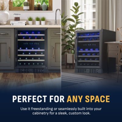 24-inch 46 Bottle Wine Cooler Refrigerator, Built-in Dual Zone Wine Fridge in Black Stainless Steel, Quiet Operation with Beechwood Shelves