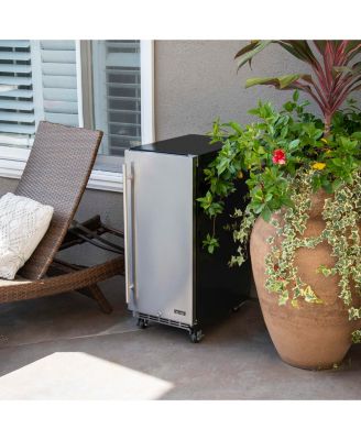 15" Built-in 90 Can Outdoor Beverage Fridge in Weatherproof Stainless Steel with Auto-Closing Door and Easy Glide Casters