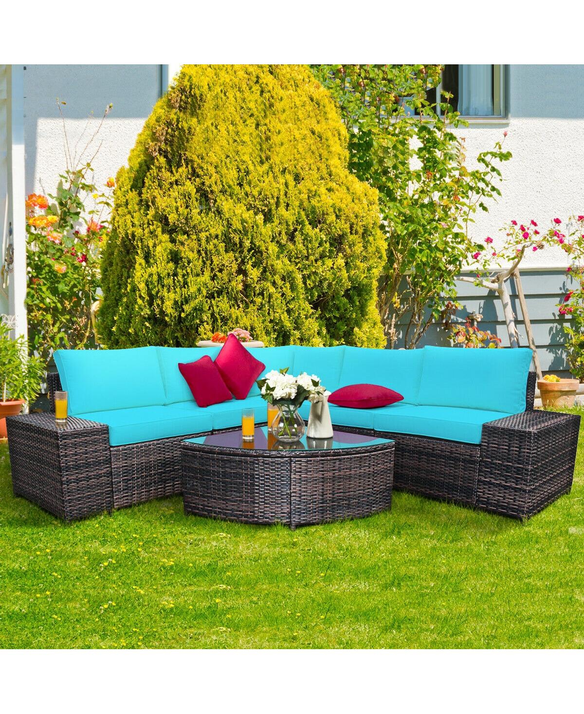 Slickblue 6 Piece Wicker Patio Sectional Sofa Set with Tempered Glass Coffee Table