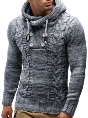Men's Knit Hoodie Sweater with Button Accents – Cable Knit Design