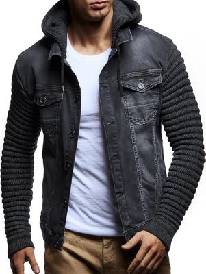 Men's LN5240 Casual Denim Jacket with Knitted Sleeves
