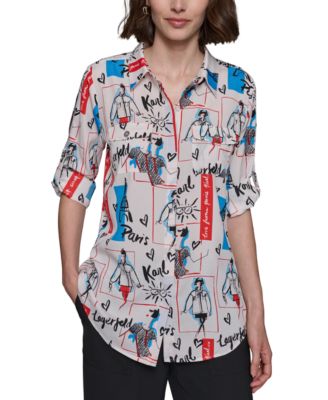 KARL LAGERFELD PARIS - Women's Whimsical-Print Roll-Sleeve Blouse